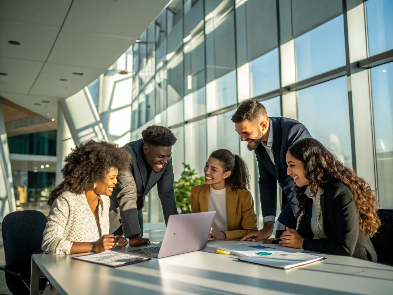 A diverse team of experienced recruiters collaborating in a modern office setting, showcasing their expertise and industry knowledge.